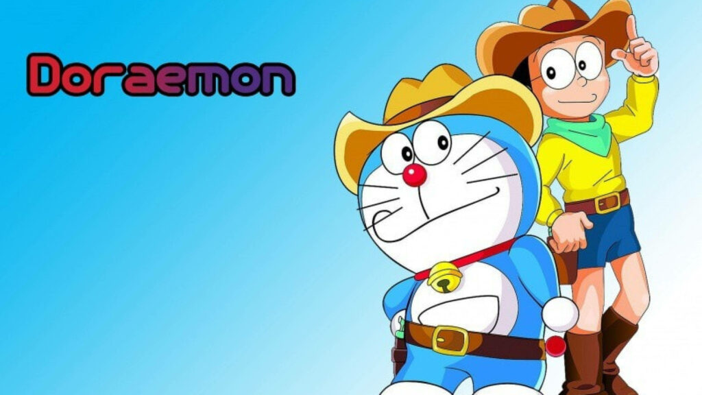 Adorable Nobita and Doraemon Embrace Their Western Side in Cowboy Cosplay on a Gradient Sky Wallpaper