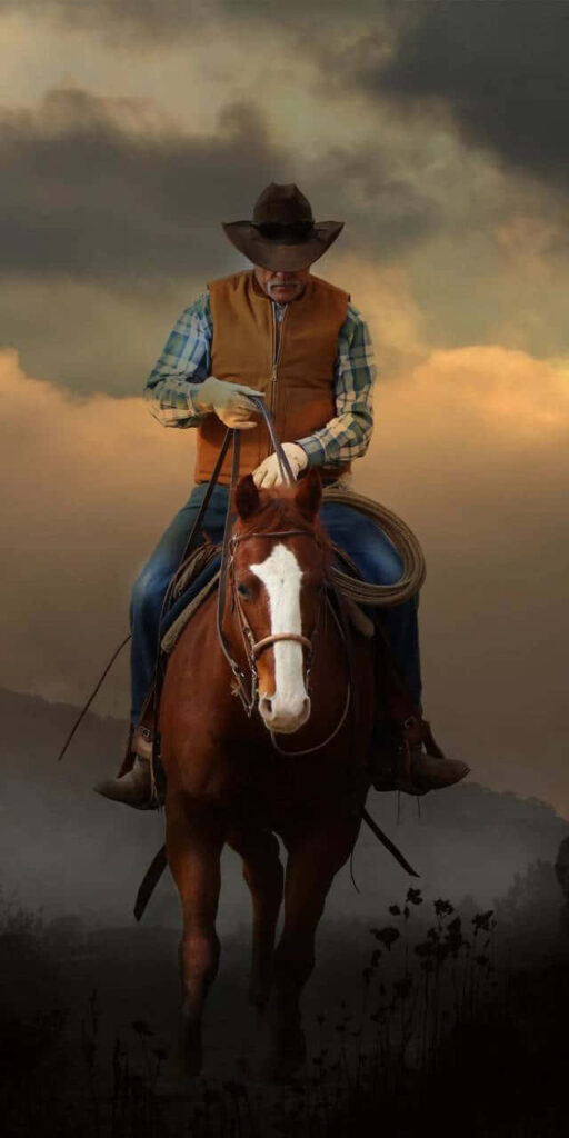 Cowboy in checkered shirt rides chestnut horse through misty grasslands at golden sunset Wallpaper