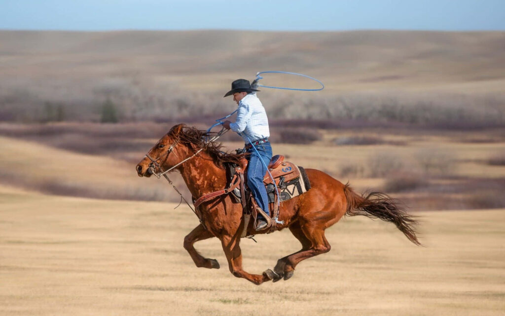 Cowboy galloping on horse swinging lasso at sunset across open plains wild west adventure Wallpaper