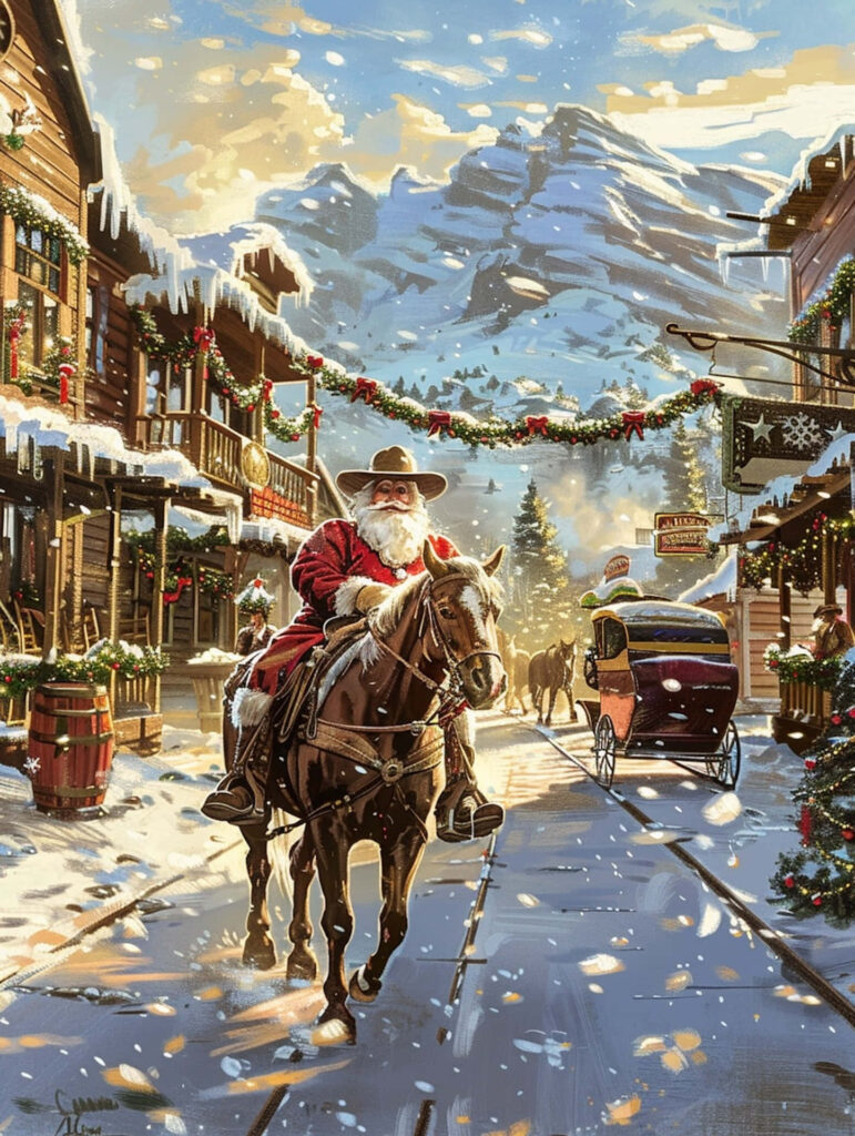 Cowboy Santa Rides Through Festive Snowy Mountain Town Wallpaper