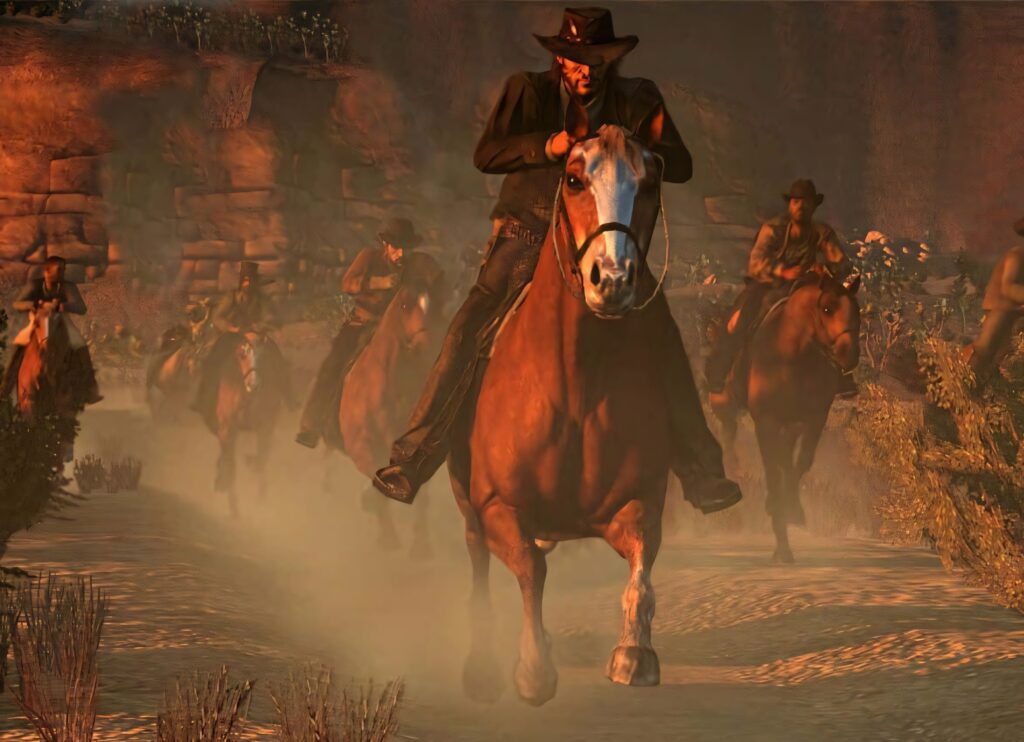 Cowboys riding strong horses through sunlit canyons dust clouds wild west adventure wallpaper