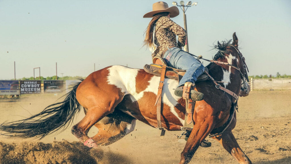 Cowgirl in patterned shirt riding brown white horse in dusty rodeo arena Wild West wallpaper