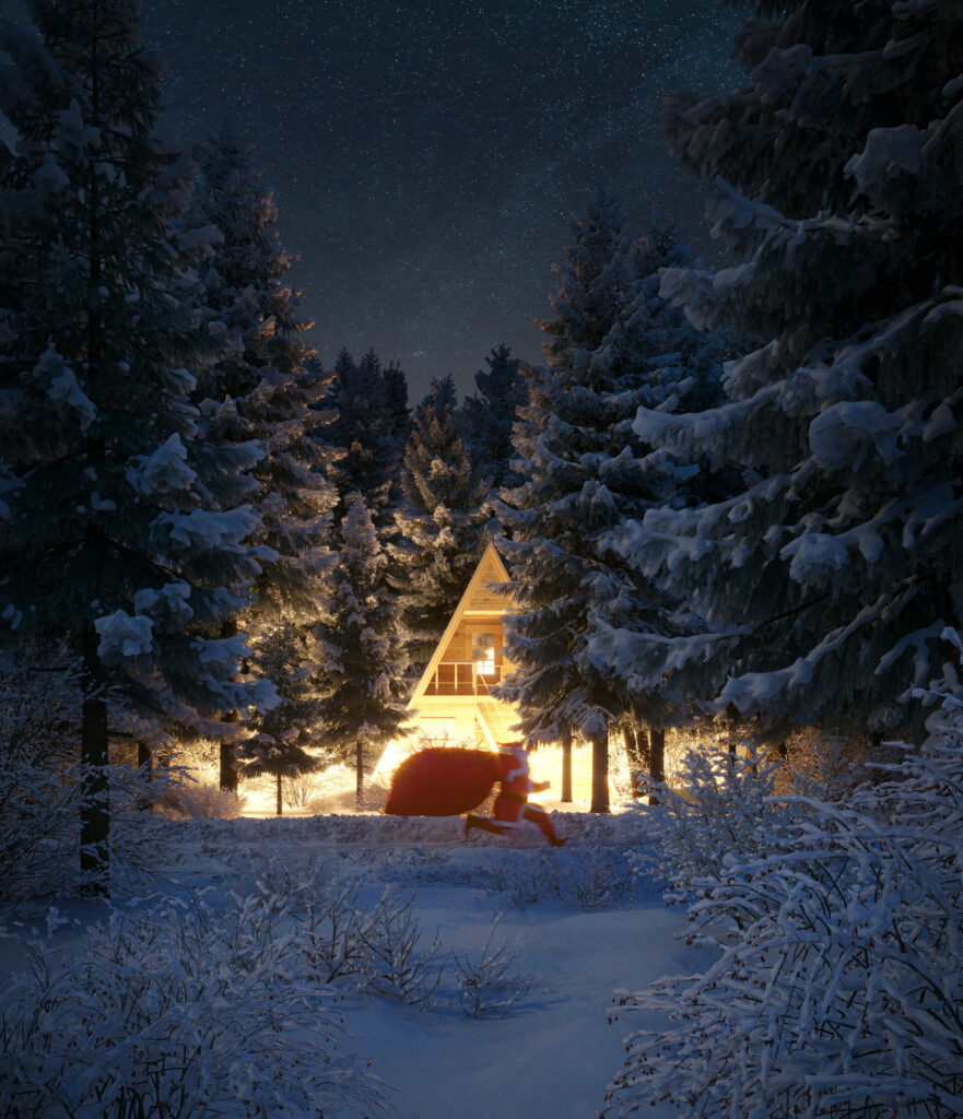 Cozy A-Frame House in Snowy Forest: Festive Christmas Wallpaper