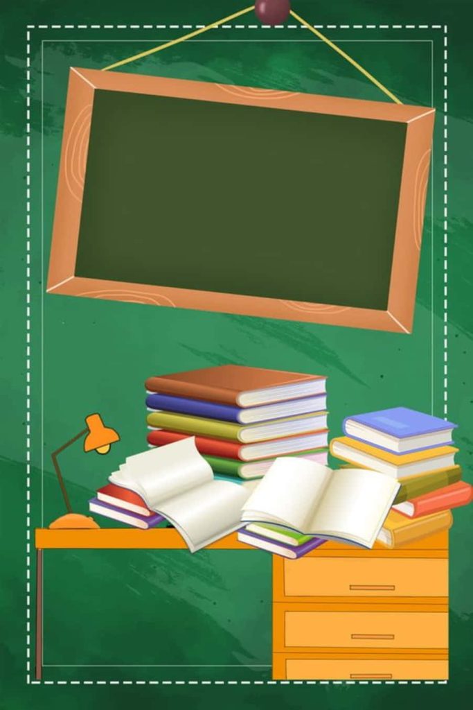 Cozy classroom scene with hanging wooden blackboard stacks of colorful books and study lamp Wallpaper