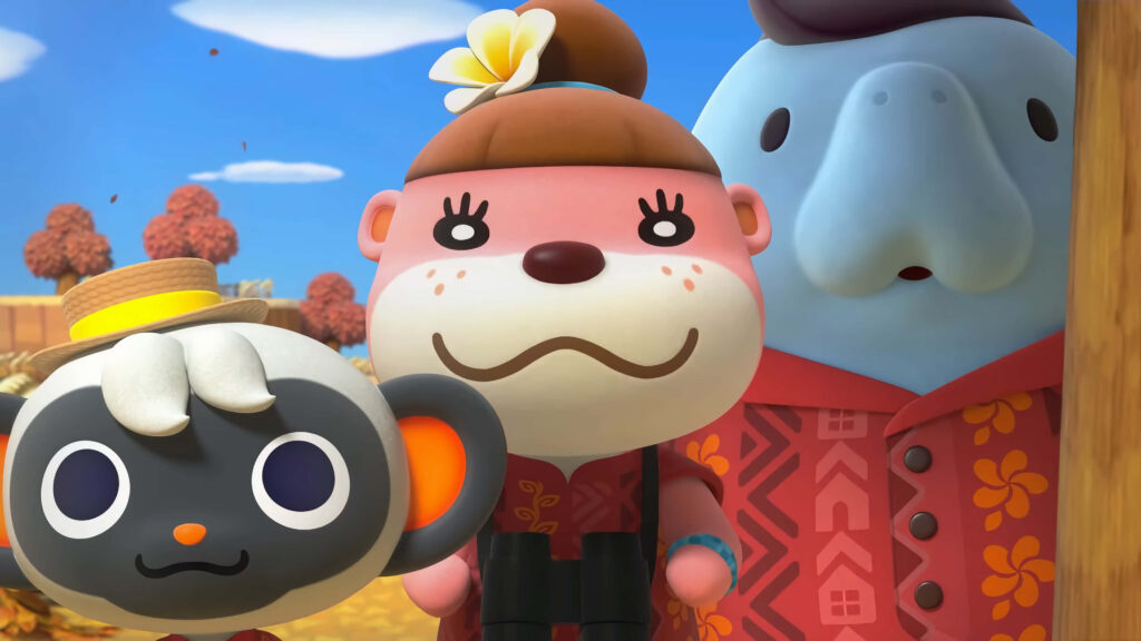Animal Crossing New Horizons characters in cozy fall outfits with vibrant autumn trees background Wallpaper