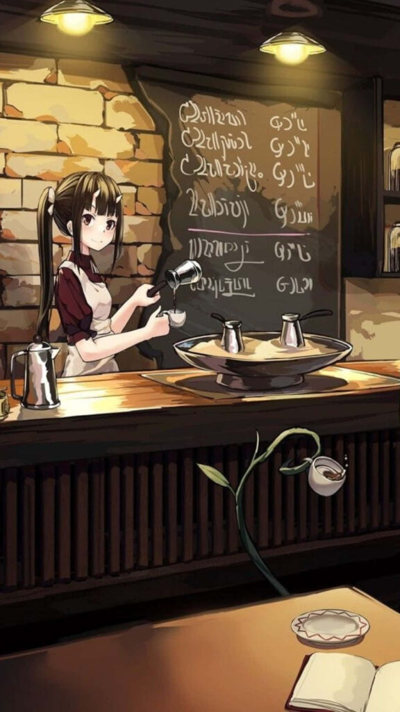 Charming Anime Cafe Wallpaper: Cozy Barista & Rustic Decor