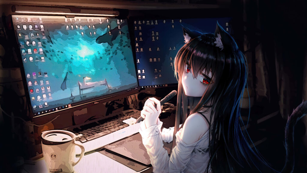 Anime Cat Girl Wallpaper: Cozy Futuristic Room with Dual Monitors