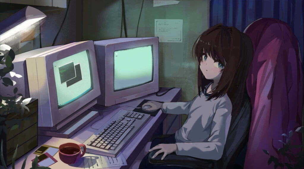 Cozy Anime Girl Workspace with Retro Tech: Digital Wallpaper Art