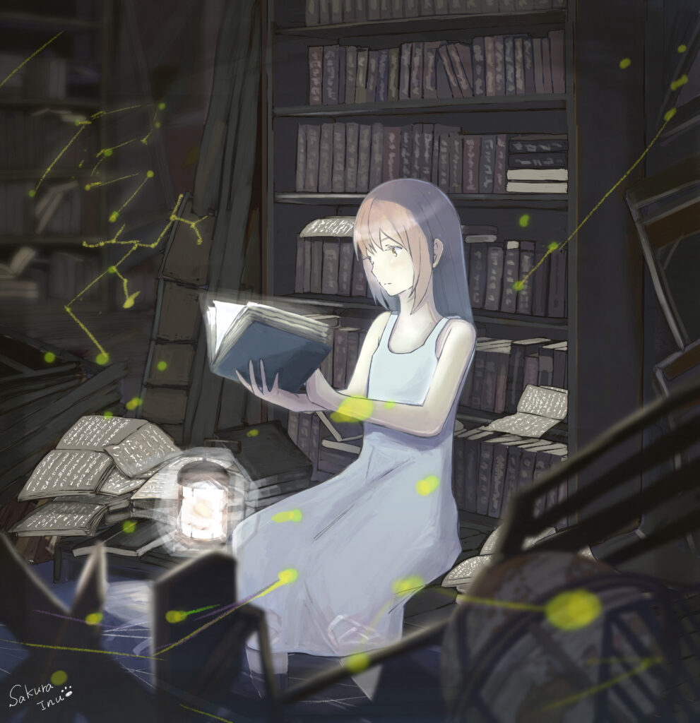Cozy Anime Girl in Dim Library: Tranquil Reading Wallpaper