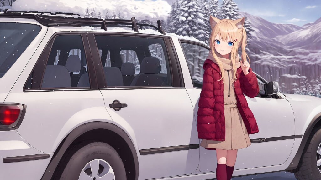 Anime Girl with Animal Ears by Car in Cozy Winter Wonderland Wallpaper