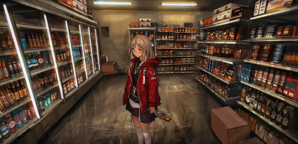 Cozy Anime Girl in Grocery Store - Warm Wallpaper Background