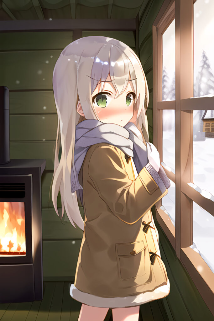 Cozy Anime Girl by Window: Winter Wallpaper with Warm Fireplace Glow