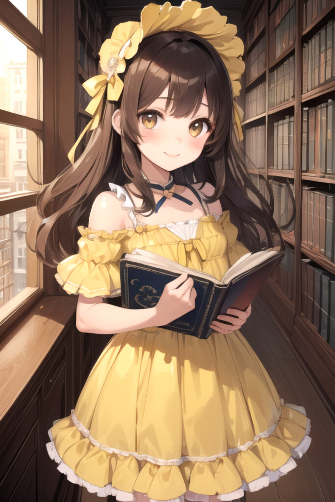 Cozy Library Scene: Anime Girl in Yellow Dress with Book Wallpaper