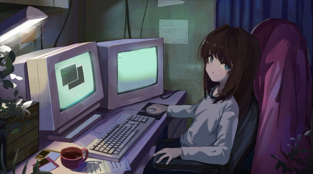 Cozy Anime Wallpaper: Girl Contemplating at Dual Monitors