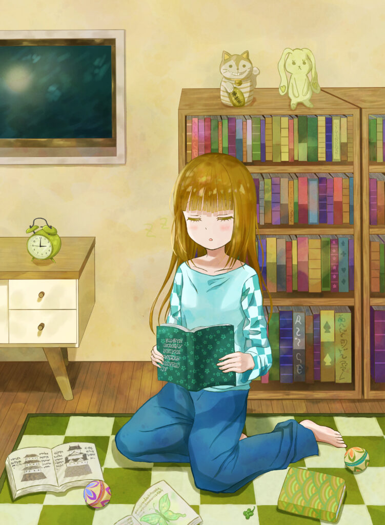 Cozy Anime Wallpaper: Girl Reading on Floor with Colorful Books