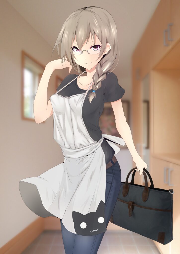 Cozy Anime Girl with Glasses in Playful Cat Apron Wallpaper