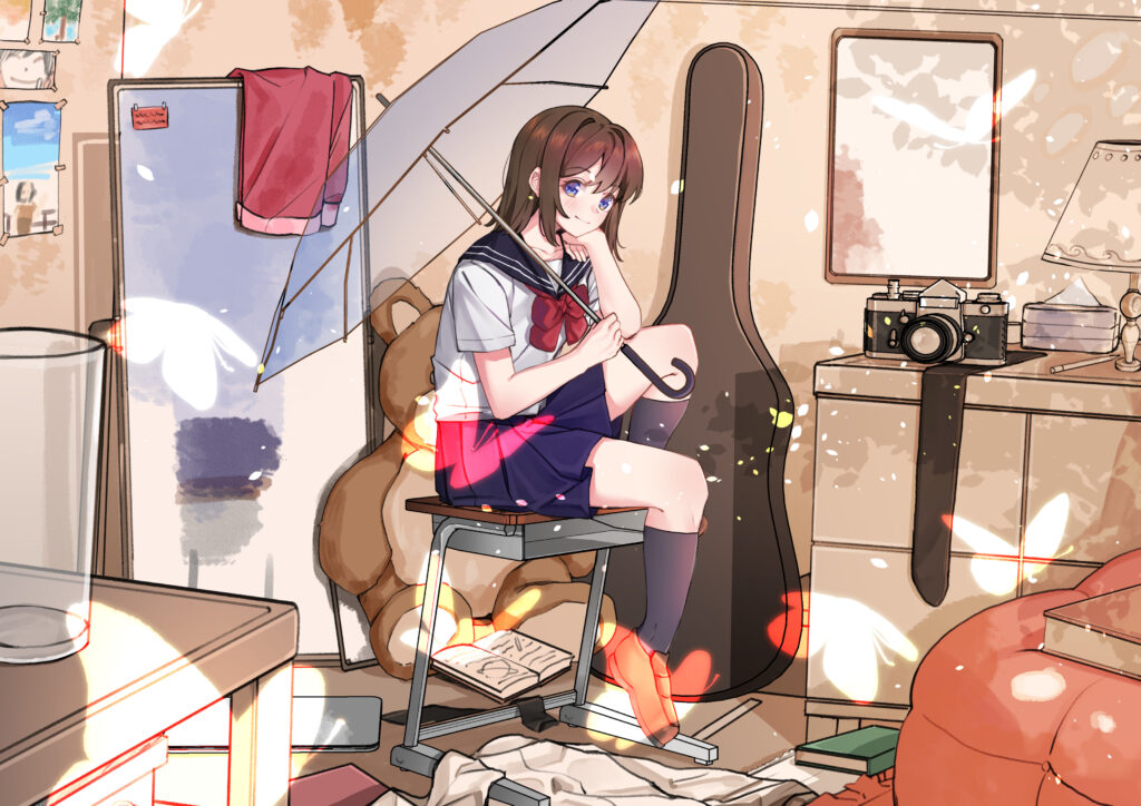 Cozy Anime Wallpaper: Girl with Umbrella in Lived-In Interior