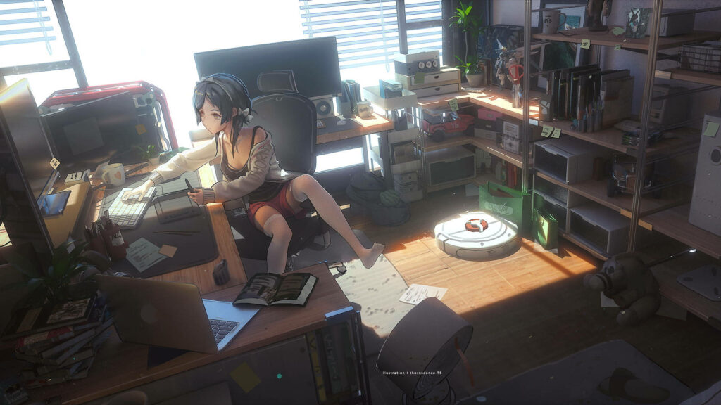 Cozy Anime Wallpaper: Inspiring Sunlit Workspace with Tech Vibes