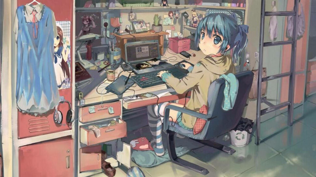 Cozy Anime Wallpaper: Lived-In Room & Creative Laptop Setup