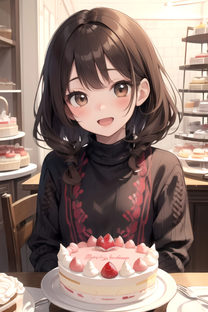 Cozy Anime Wallpaper: Smiling Girl & Strawberry Cake Delight