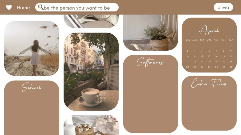 April desktop organizer wallpaper beige aesthetic school software files cozy city café background
