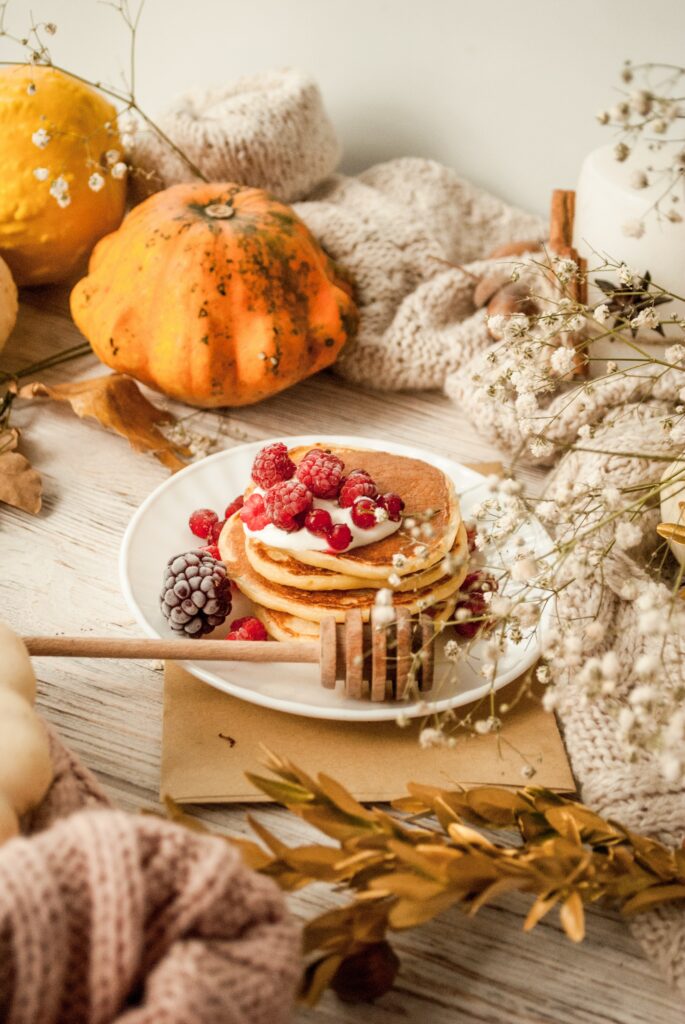 Cozy Autumn Pancakes with Berries - Rustic Wallpaper Background