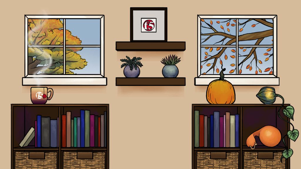 Cozy autumn Zoom background with fall foliage, bookshelves, gourds, and steaming mug in study Wallpaper