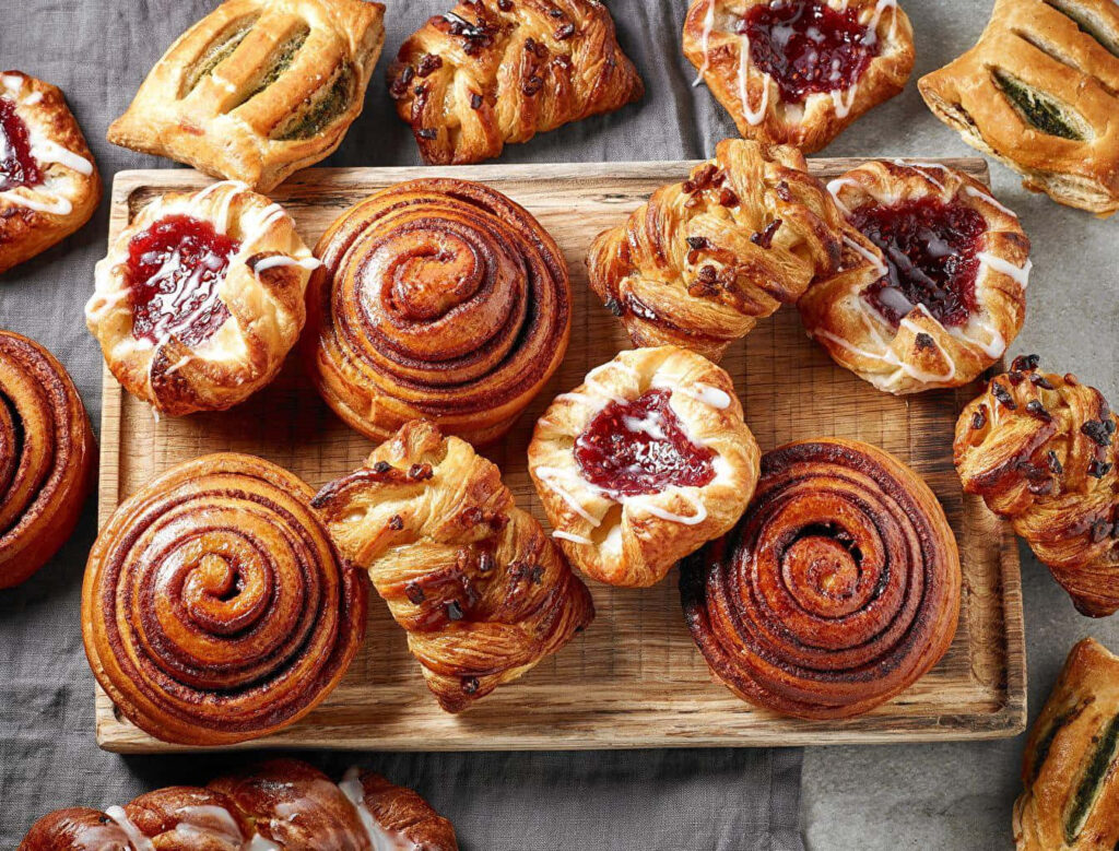 Assorted cinnamon rolls raspberry danishes and golden pastries on wooden board bakery wallpaper