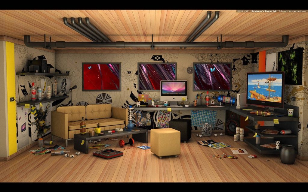 Cozy basement gaming room with industrial pipes beige sofa wooden floors cluttered gaming desk Wallpaper