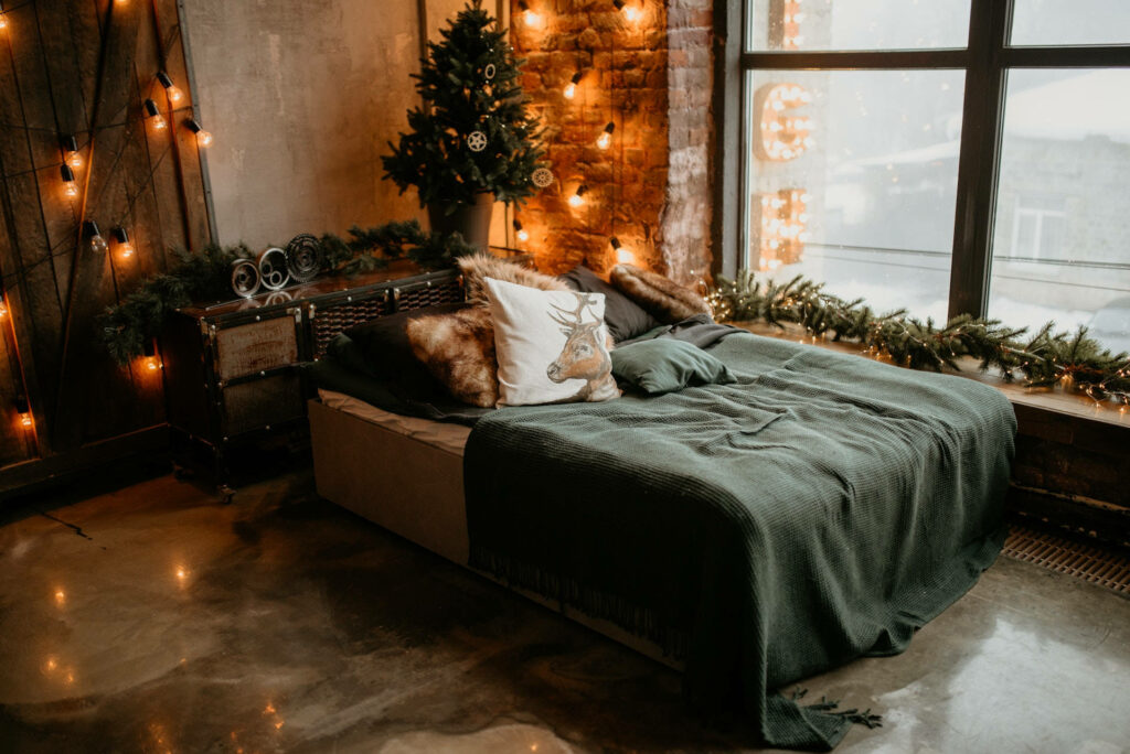 Festive Cozy Bedroom with String Lights & Rustic Holiday Decor Wallpaper