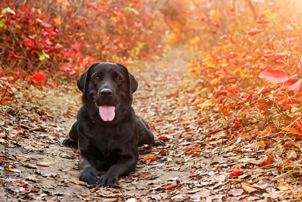 Serene Black Labrador Wallpaper Amidst Autumn Foliage