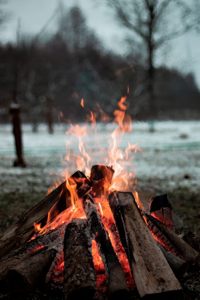 Bright orange bonfire burning stacked logs outdoors in snowy winter landscape with bare trees Wallpaper