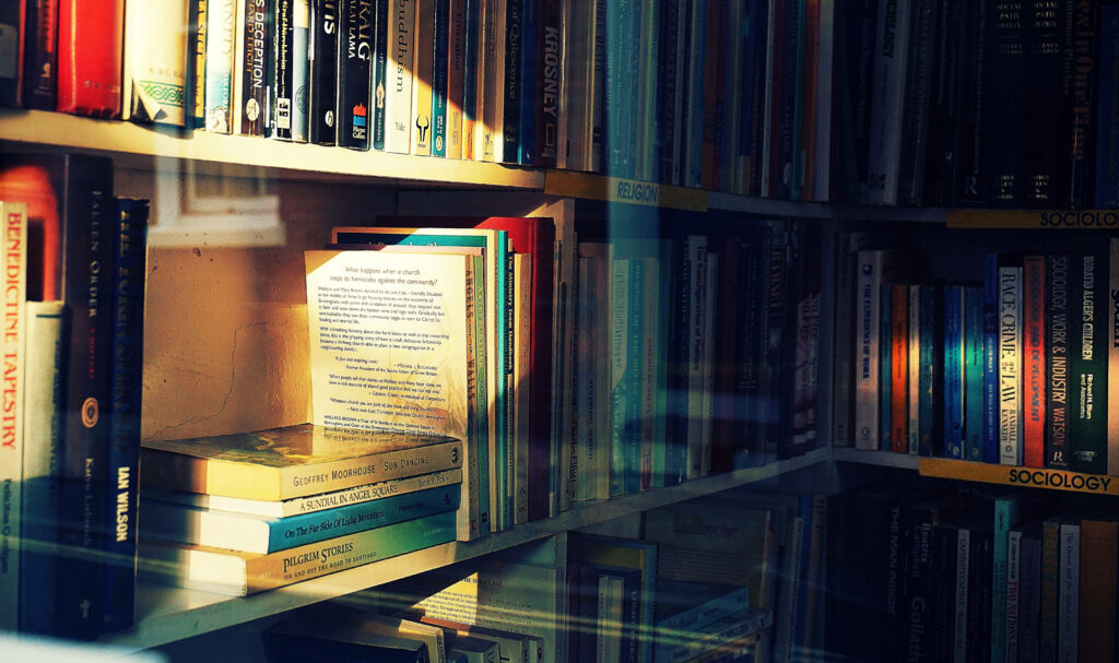 Cozy bookshelf with colorful books illuminated by warm sunlight vibrant inviting reading space Wallpaper