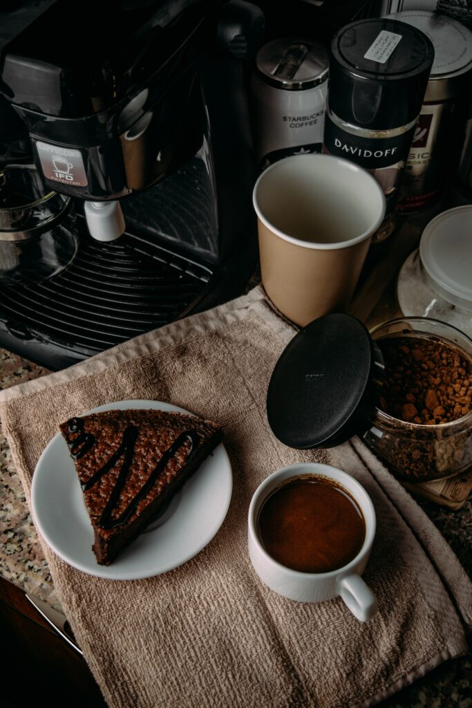 Cozy Breakfast Setup: Coffee & Decadent Chocolate Pie Wallpaper
