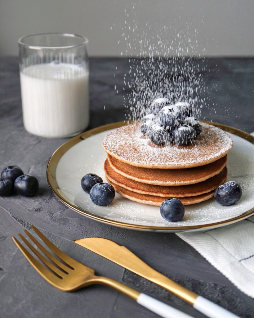 Cozy Breakfast: Fluffy Pancakes with Blueberries & Milk Wallpaper