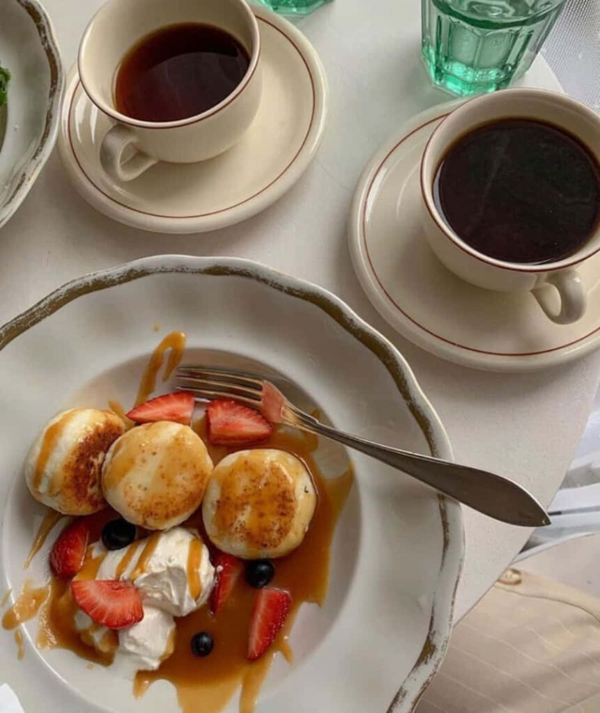 Cozy Breakfast Wallpaper: Fluffy Pancakes with Berries & Coffee