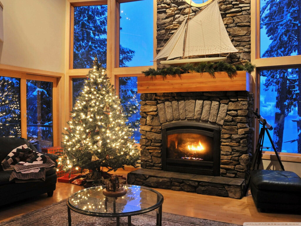 Cozy Cabin Winter Wallpaper: Festive Christmas Tree & Fireplace