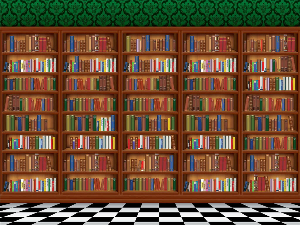 Cartoon library bookshelf wallpaper with colorful books green patterned wall and checkered floor