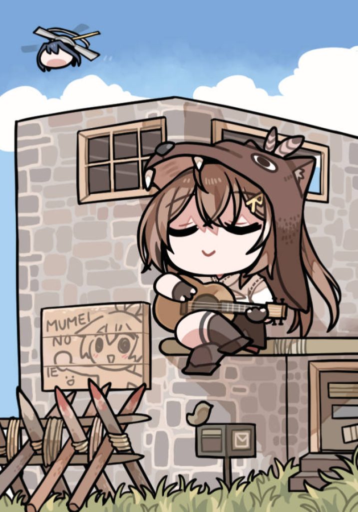 Chibi Hololive Nanashi Mumei playing guitar outside stone Rust base with iconic barricades and mascot Wallpaper