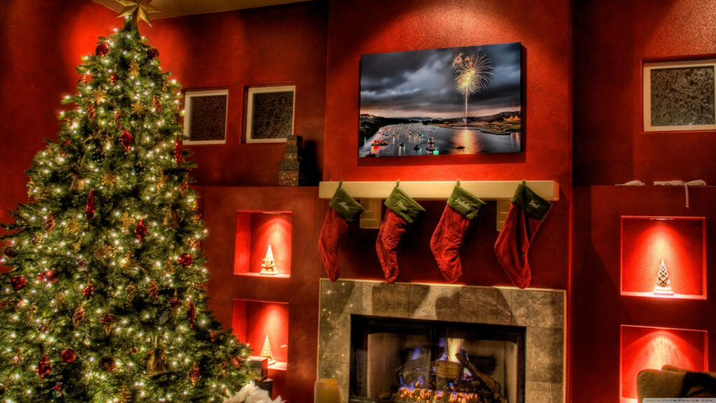 Festive 4K Ultra HD Fireplace Scene: Warm Glow and Holiday Decor Wallpaper