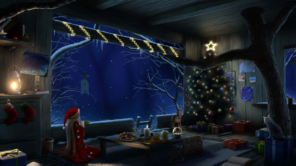 Cozy Christmas Cabin Wallpaper with Anime Character & Festive Decor