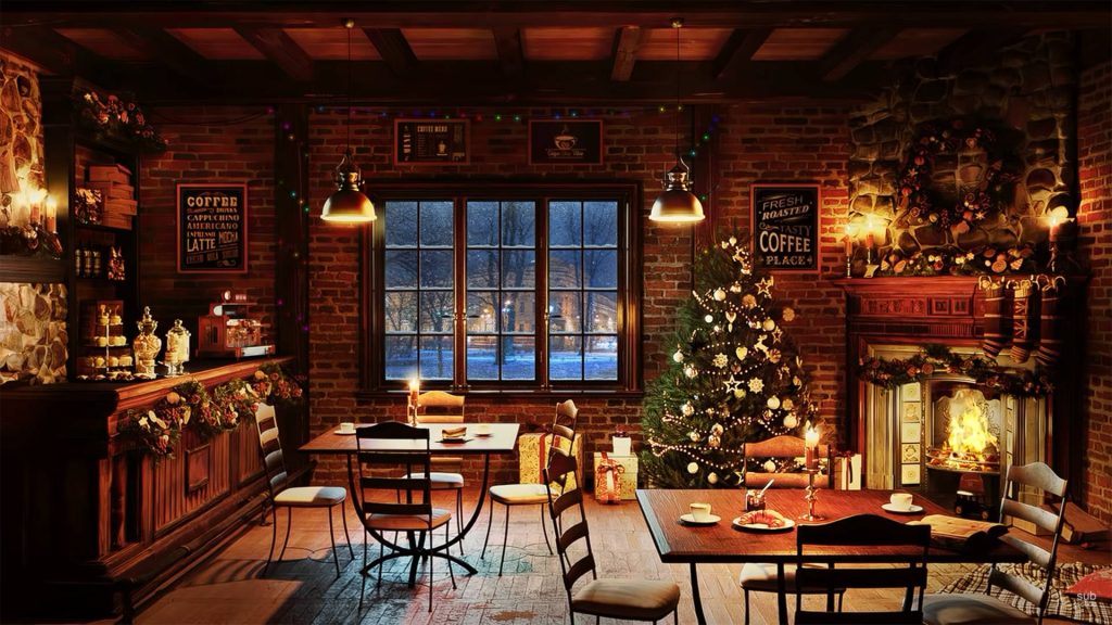 Cozy Christmas coffee shop with warm lights fireplace decorated tree snowy festive ambiance wallpaper