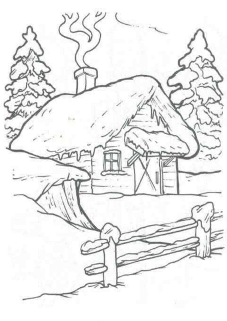 Cozy Christmas Cabin Coloring Page Amid Snowy Pines - Festive Scene Wallpaper