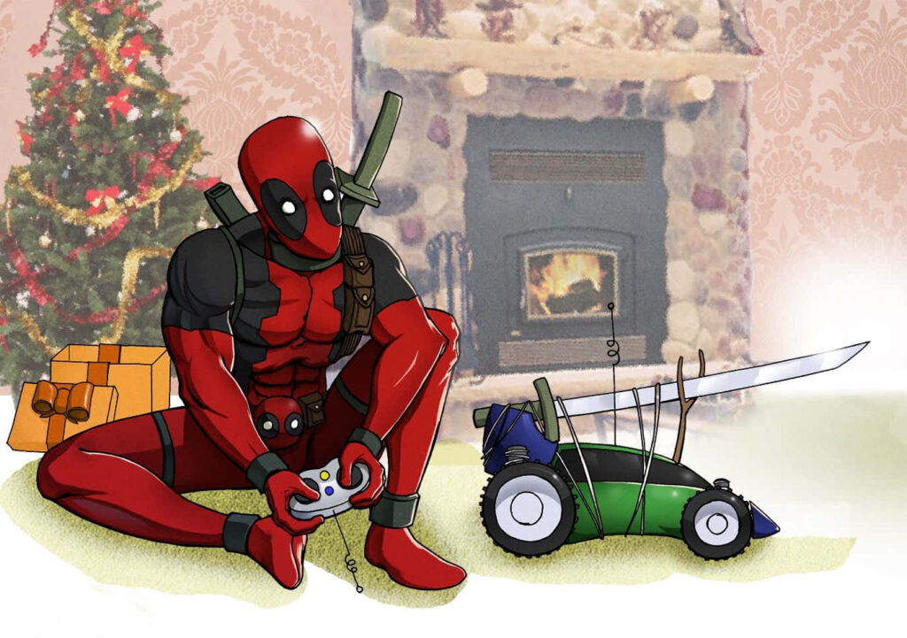 Deadpool's Cozy Christmas: Festive Wallpaper with Tree & Fireplace
