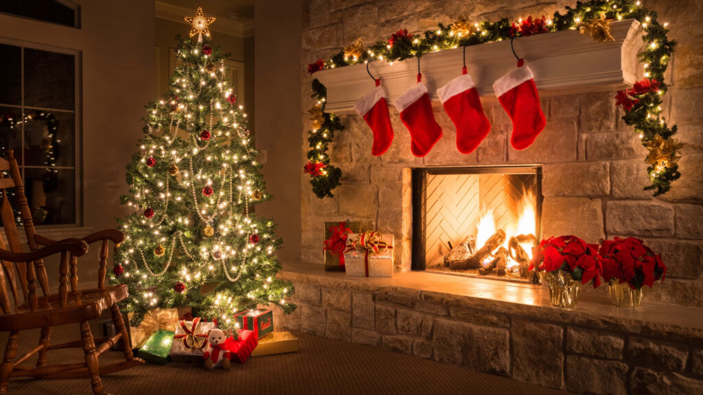 Cozy Christmas Eve Wallpaper with Festive Decor & Glowing Fireplace