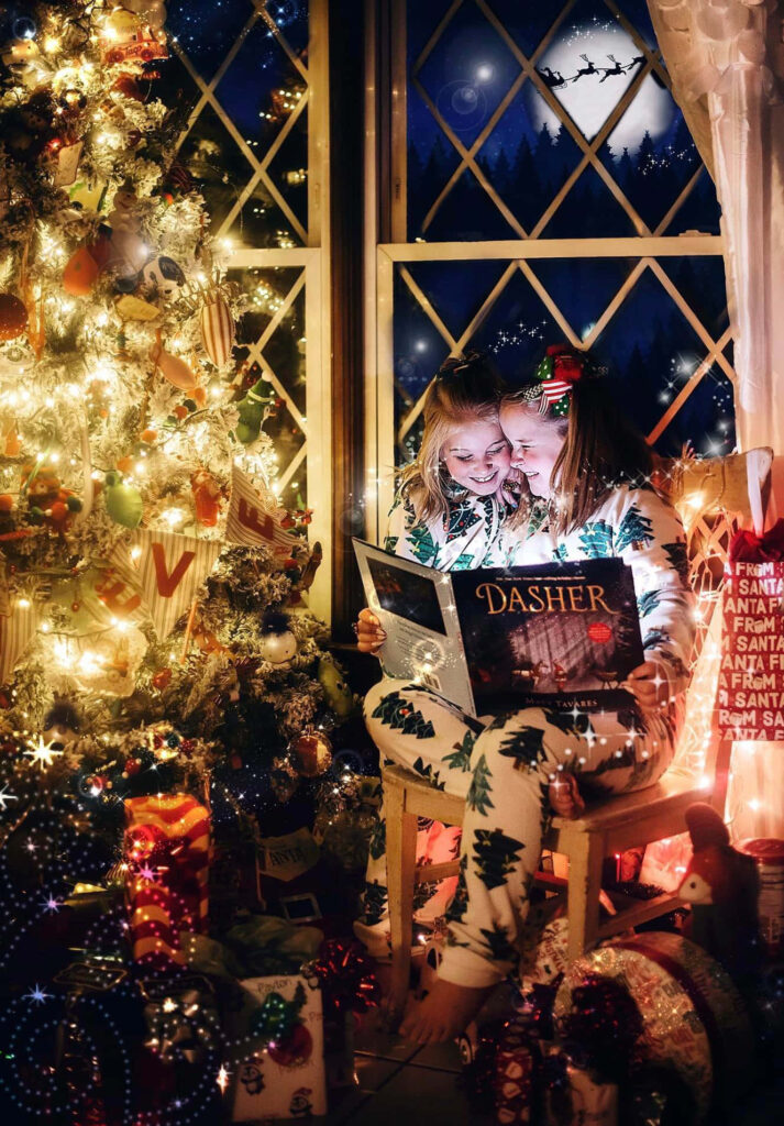 Cozy Christmas Eve: Kids Reading by Tree with Snowy Window Background Wallpaper