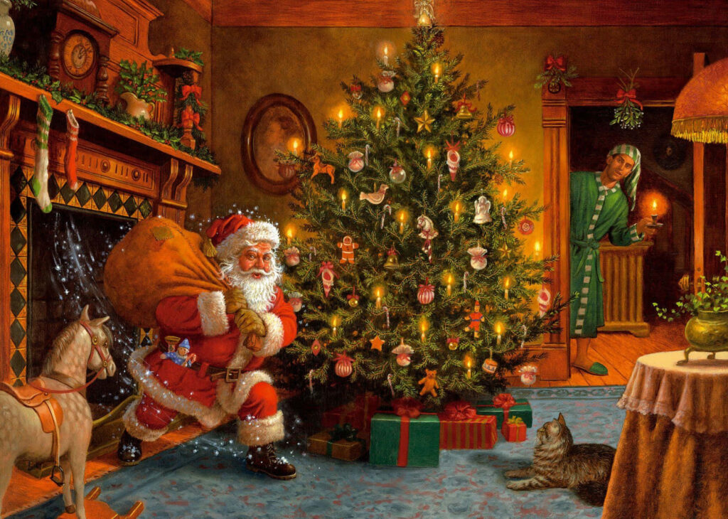 Cozy Christmas Eve Wallpaper: Santa, Tree, and Warm Ambiance