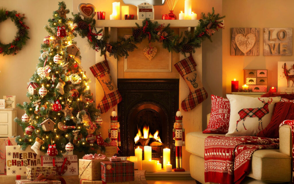 Cozy Christmas Living Room: Decorated Tree, Gifts, and Fireplace Wallpaper
