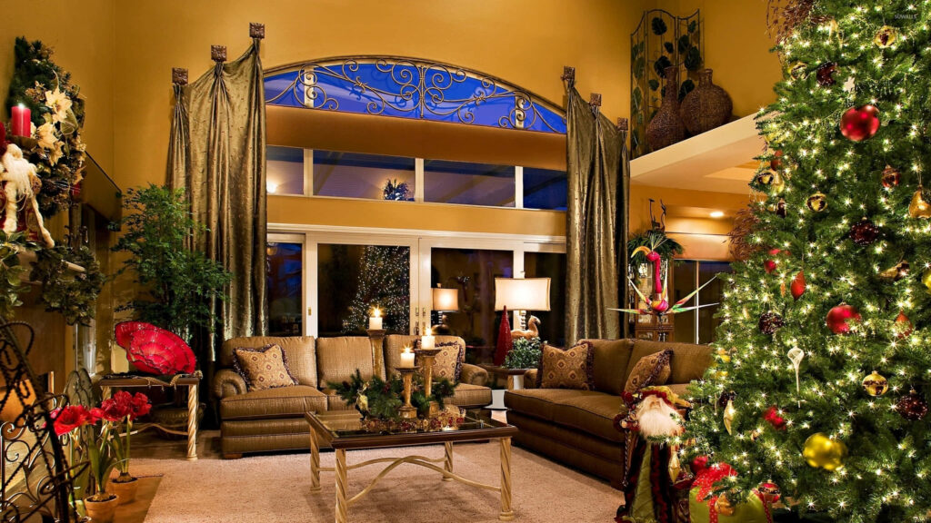 Cozy Christmas Living Room: Festive Decor & Sparkling Tree Magic Wallpaper