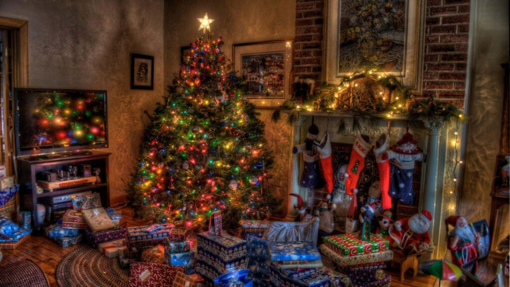 Cozy Christmas Living Room Wallpaper with Festive Tree & Fireplace